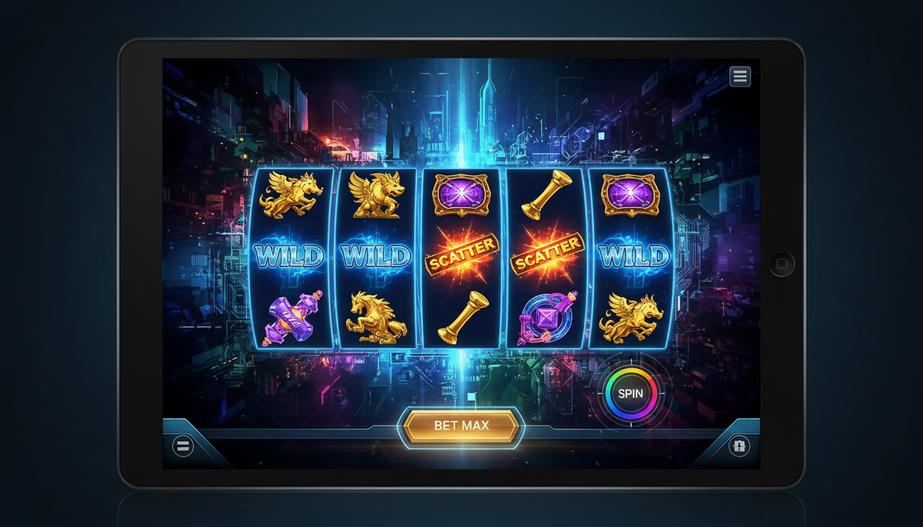 Grafika przedstawiająca mechanikę automatu do gry online z symbolami Wild i Scatter